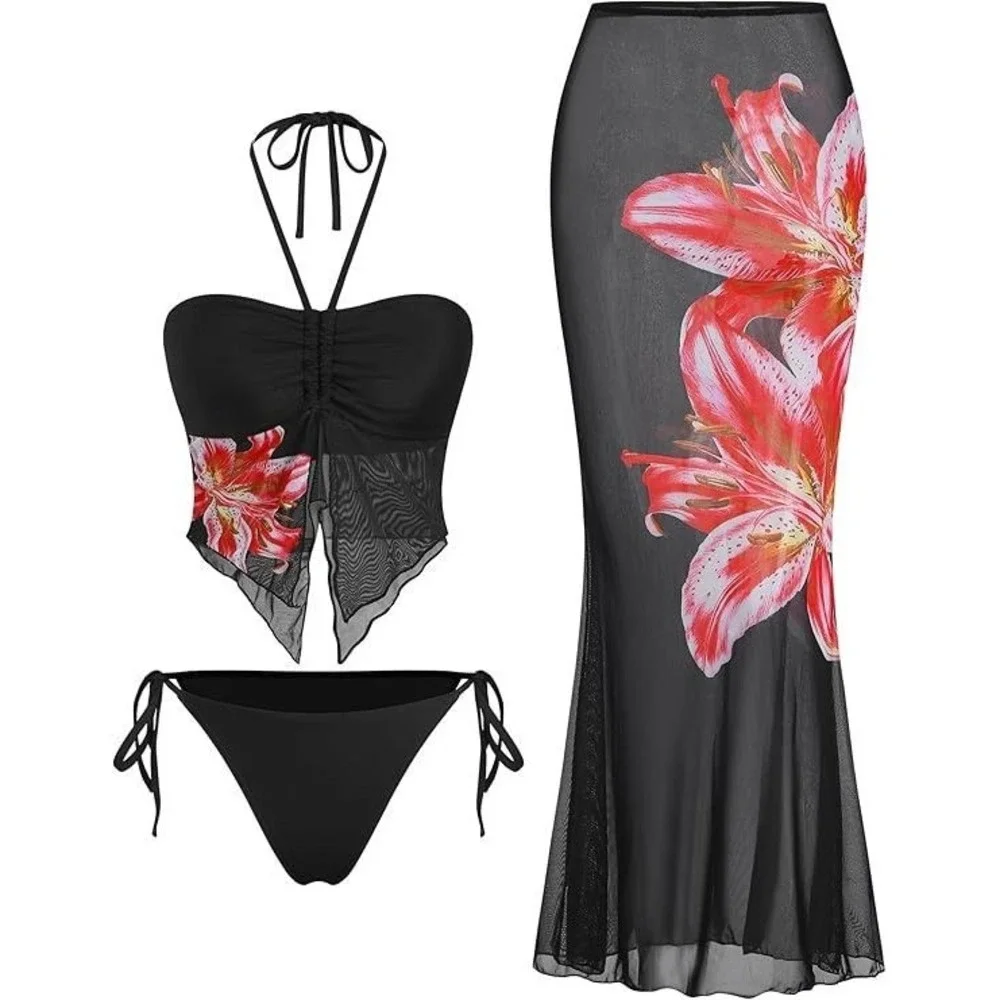 Zaful Women's 3pc Tie Side Cheeky Bikini Set w/ Cover Up Skirt - Red Floral - S